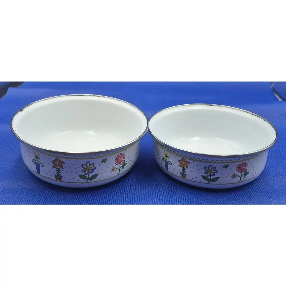 Vintage 1970s Floral Enamel Nesting Bowls Silver Rim Set of Two 6.5